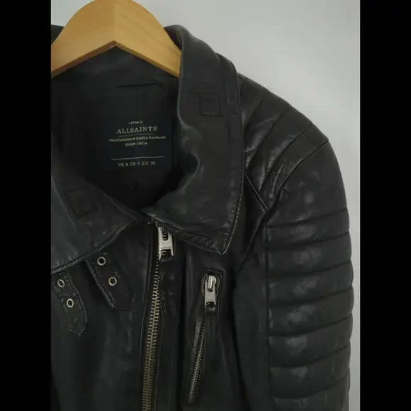 ALLSAINTS Women's Sz 4 S STEINE Black Leather Motorcycle Rider Zip Jacket